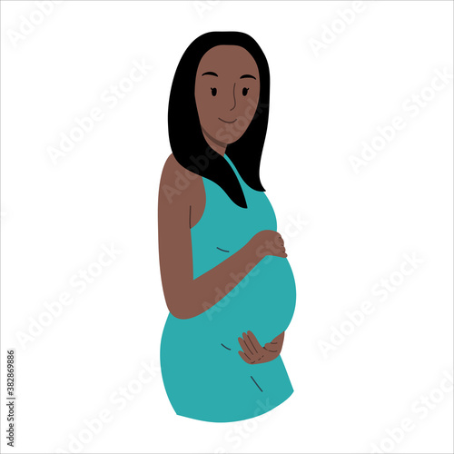 Smiling pregnant woman in blue dress awaiting baby birth.Happy pregnancy period. Vector hand drawn illustation isolated on white background.