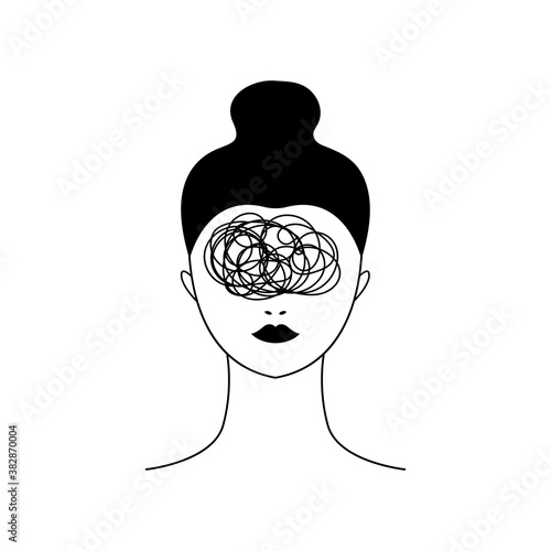 Woman with bad thoughts and problems. Line illustration of anxiety and depression