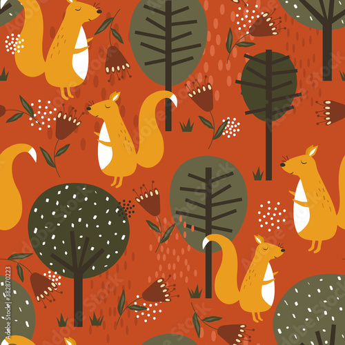 Seamless pattern, squirrels, trees, flowers, hand drawn overlapping backdrop. Colorful background vector. Illustration with animals. Decorative colored wallpaper, good for printing