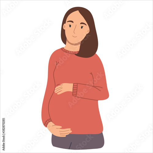 Smiling pregnant woman awaiting baby birth.Happy pregnancy period. Vector hand drawn illustation isolated on white background.