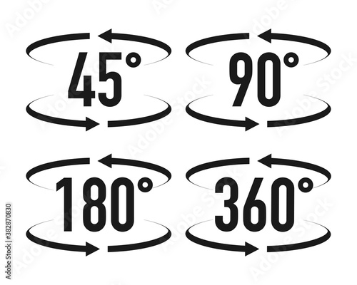 Signs with arrows to indicate the rotation or panoramas to 45, 90, 180 and 360 degrees. Vector illustration.