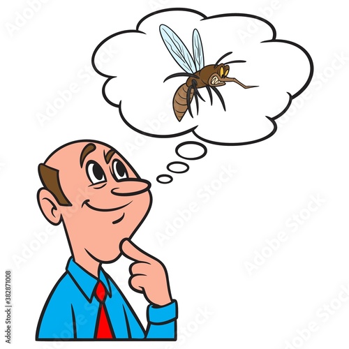 Thinking about Mosquito Control - A cartoon illustration of a man thinking about Mosquito Control.