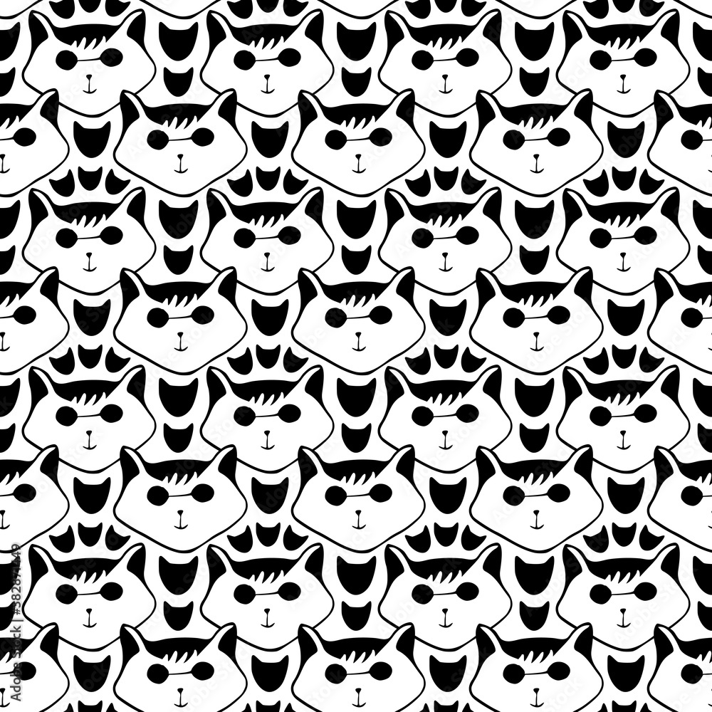 Obraz premium Black cats background. Seamless pattern with cats in glasses. Childish textile pattern. Wrapping paper design.