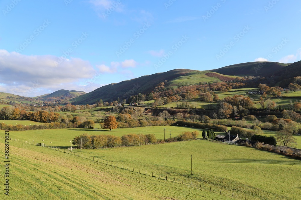 An autumn view of the beautiful farming countryside in the Dyfi Valley, Gwynedd, Wales, UK.