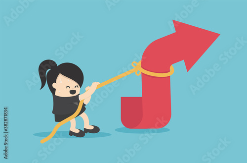 Businesswomen is using a rope to pull the arrow graph. concept business vector cartoon