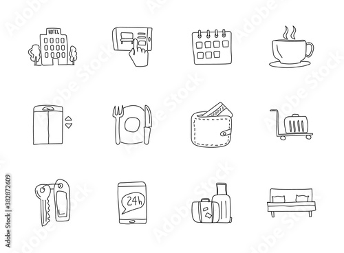 hotel doodles isolated on white. hotel icon set for web design, user interface, mobile apps and print