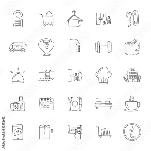 hotel hand drawn linear doodles isolated on white background. hotel icon set for web and ui design, mobile apps and print products