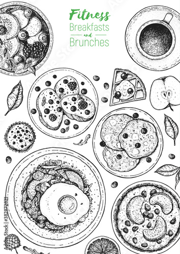 Breakfasts top view frame. Morning food menu design. Breakfast and brunches dishes collection. Vintage hand drawn sketch, vector illustration. Engraved style.