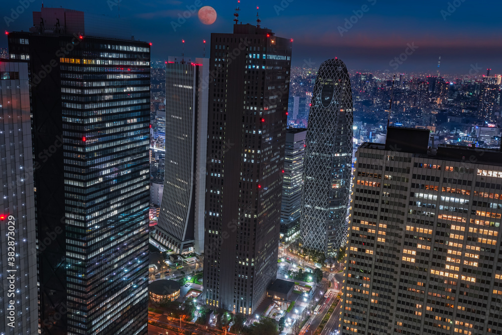 Tokyo city skyline at night with illuminated buildings and streets