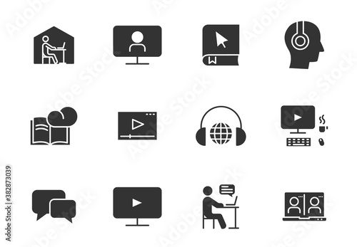 e learning black vector icons isolated on white. e learning icon set for web, mobile apps, ui design and print