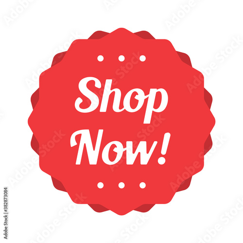 Shop now color discount sticker. Shop now red bent label isolated on white background. discount lettering on modern round shape. illustration for promo advertising discounts