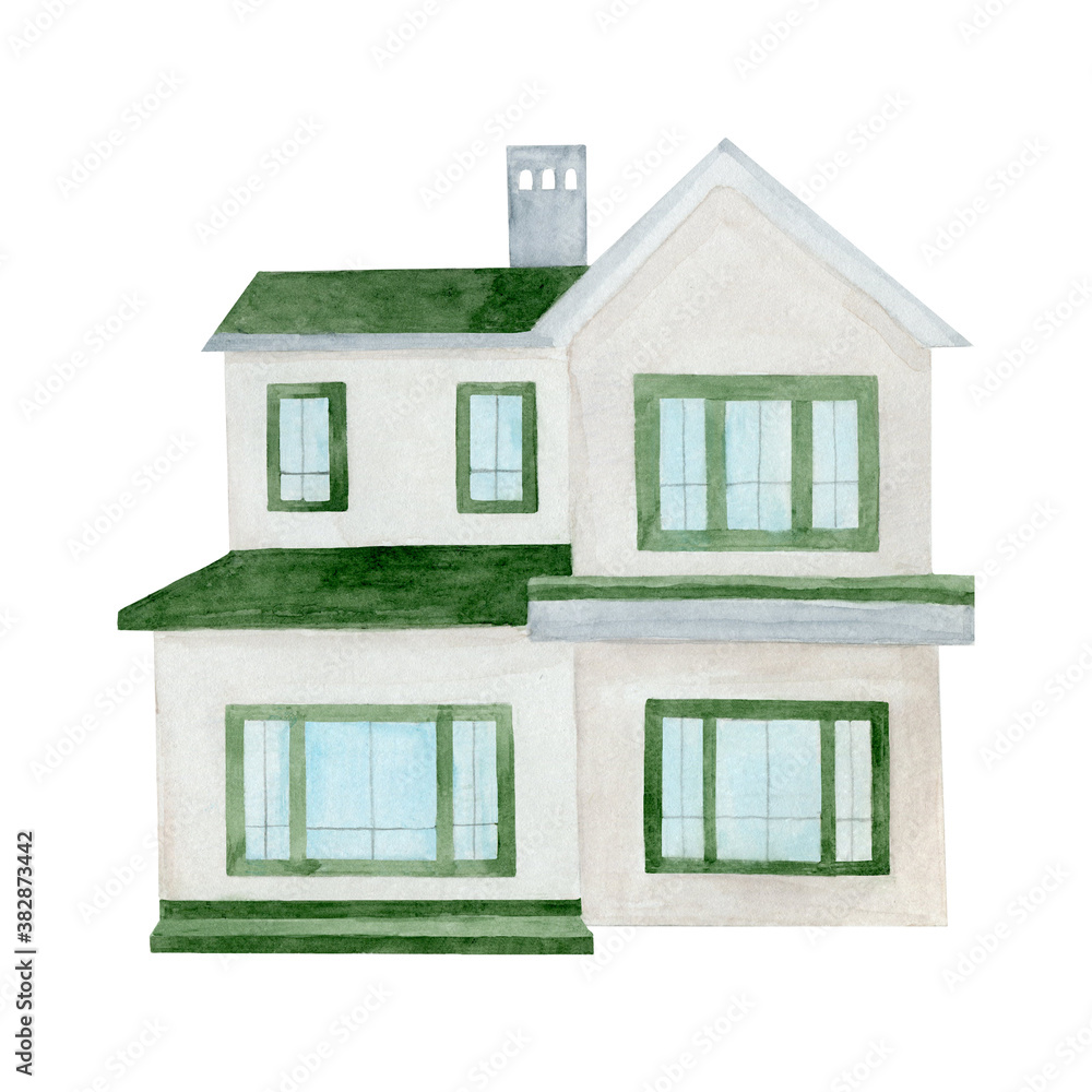 White house with green roof watercolor illustration. Hand painted home building isolated on white background. White house with green roof watercolor illustration. Hand painted home building isolated on white background.