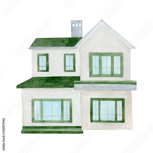 White house with green roof watercolor illustration. Hand painted home building isolated on white background.