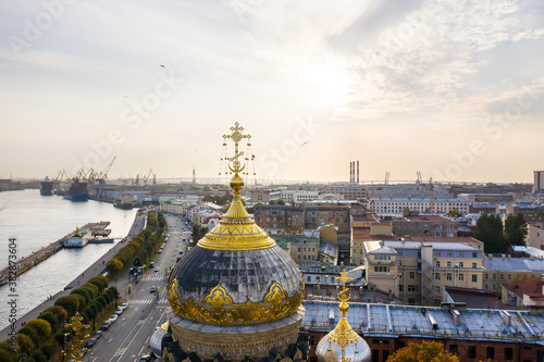 aerial view of the Church of the Assumption of the Blessed Virgin Mary on Vasilievsky Island in St. Petersburg and the Neva River photo