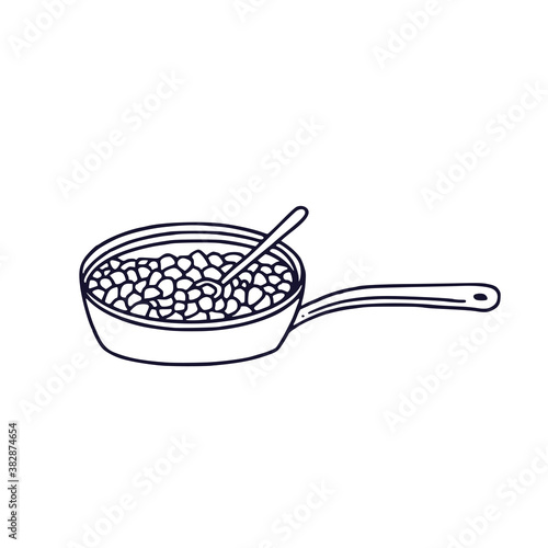Skillet with peas. Vector icon or logo. Fried chickpeas.