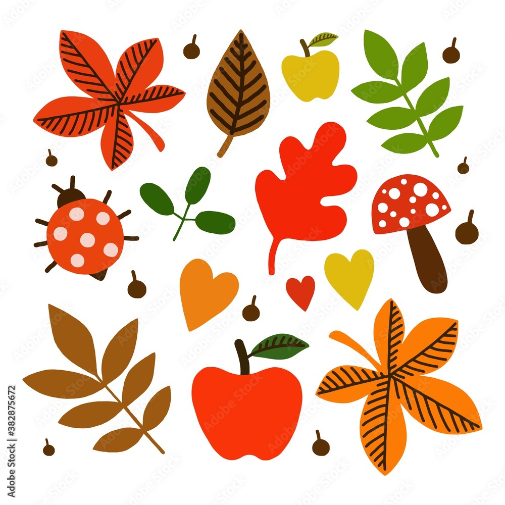 Fototapeta premium Set of cartoon autumn elements. Vector illustration.