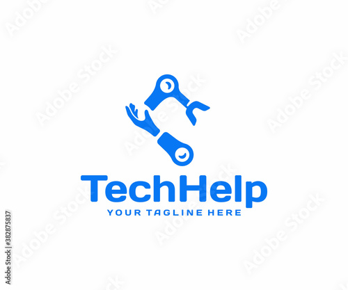Robotic assistant logo design. People and artificial intelligence cooperation vector design. Industrial robot manipulator logotype