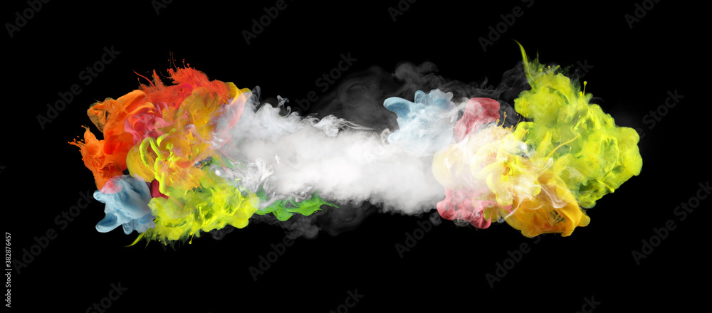 White smoke and colors blot on Black. Abstract background.