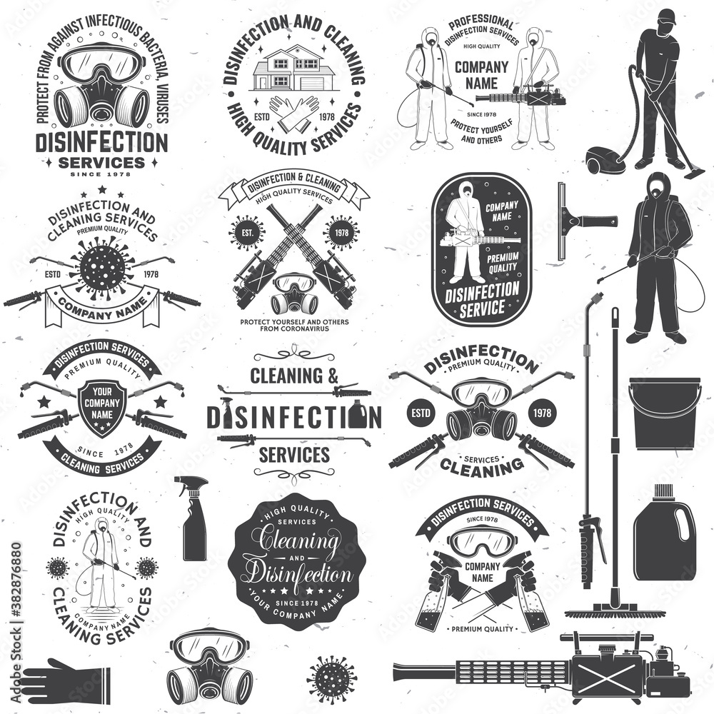 Fototapeta Disinfection and cleaning services badge, logo, emblem. Vector. For professional disinfection and cleaning company. Vintage typography design with disinfectant worker and sprayer
