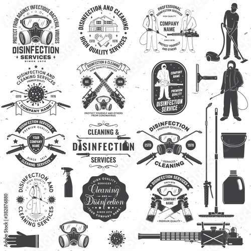 Disinfection and cleaning services badge, logo, emblem. Vector. For professional disinfection and cleaning company. Vintage typography design with disinfectant worker and sprayer