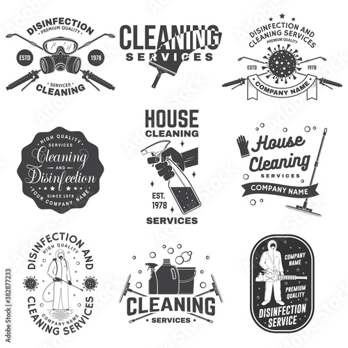 Set of Disinfection and cleaning services badge, logo, emblem. Vector For professional disinfection and cleaning company. Vintage typography design with disinfectant and cleaning equipments