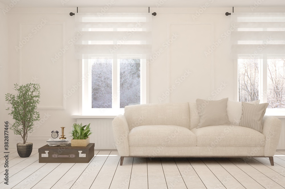 Fototapeta premium White living room with sofa and winter landscape in window. Scandinavian interior design. 3D illustration