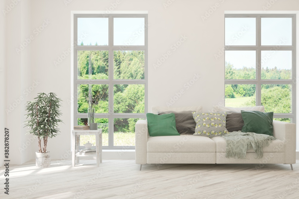 White living room with sofa and summer landscape in window. Scandinavian interior design. 3D illustration White living room with sofa and summer landscape in window. Scandinavian interior design. 3D illustration
