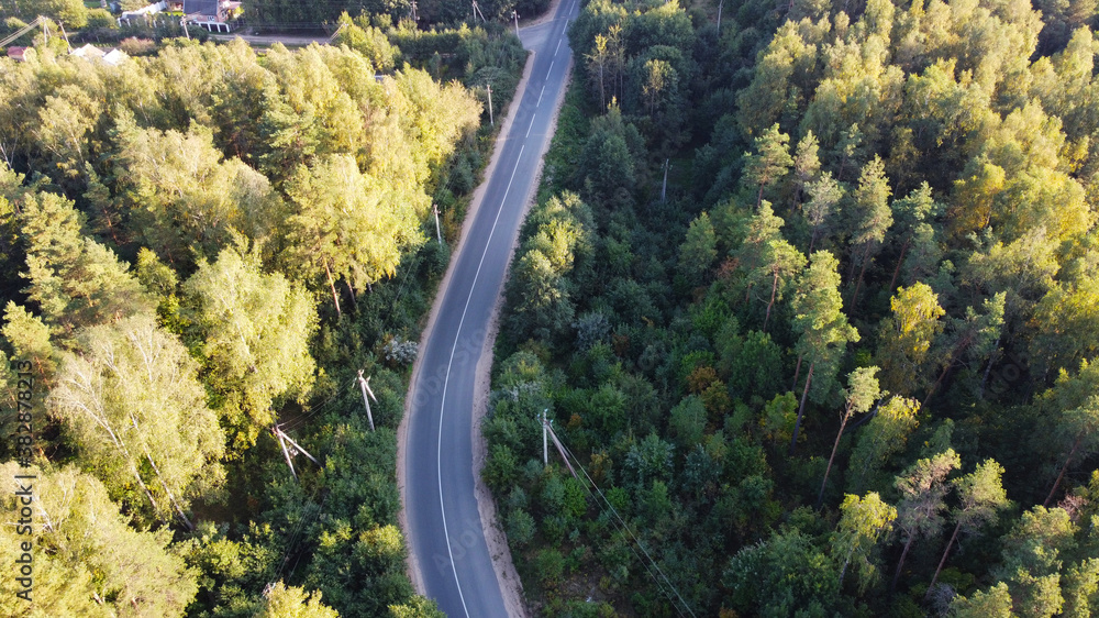 Top view of the highway through the forest on a sunny day