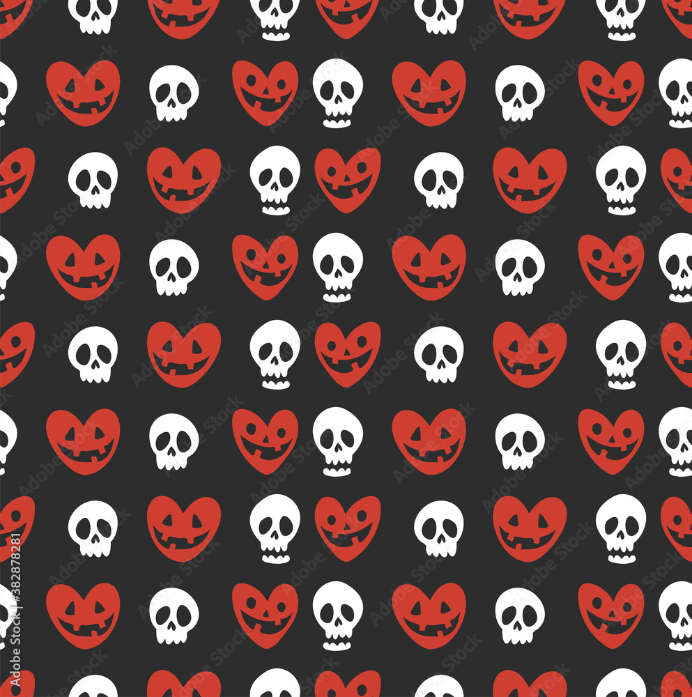 Halloween vector seamless background with pumpkins in heart shape and scull. Lovely funny spooky texture for halloween holidays Halloween vector seamless background with pumpkins in heart shape and scull. Lovely funny spooky texture for halloween holidays