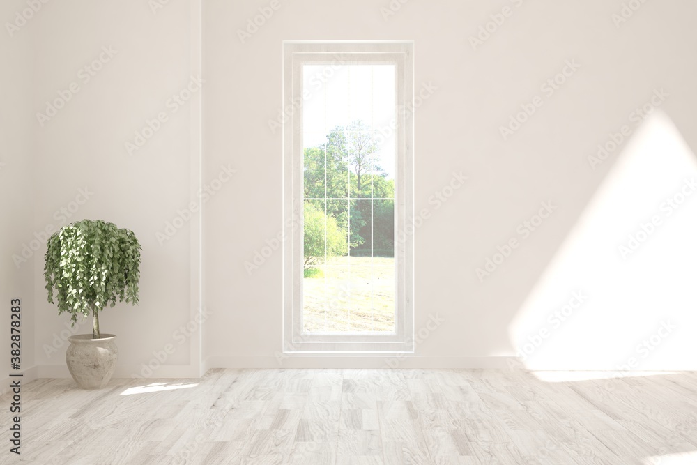 Fototapeta premium White empty room with summer landscape in window. Scandinavian interior design. 3D illustration