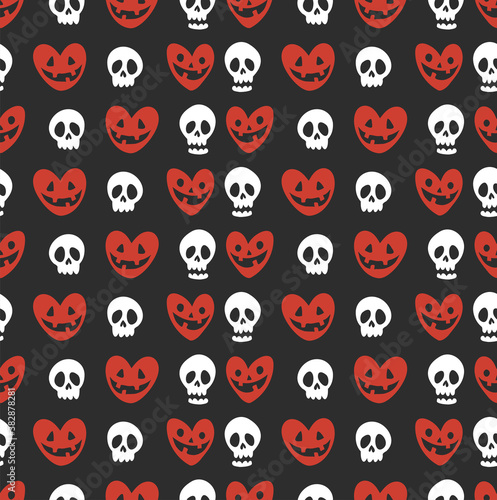 Halloween vector seamless background with pumpkins in heart shape and scull. Lovely funny spooky texture for halloween holidays