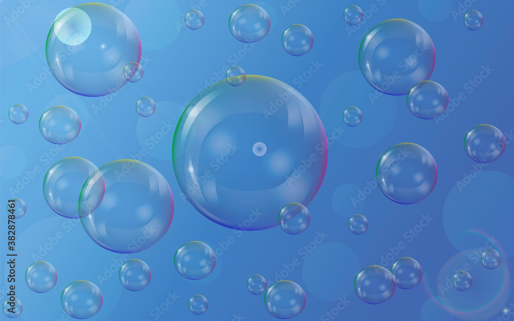 Shampoo stripe of realistic water bubbles on blue background. Cleaning liquid soap foam, shampoo bubbles in bath or shower.