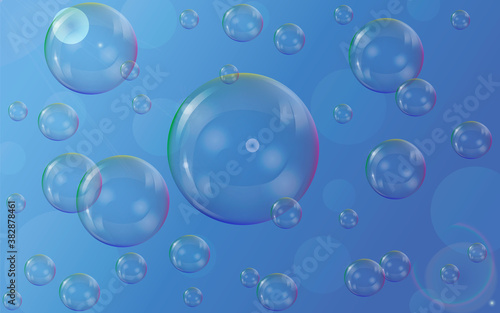 Shampoo stripe of realistic water bubbles on blue background. Cleaning liquid soap foam  shampoo bubbles in bath or shower.