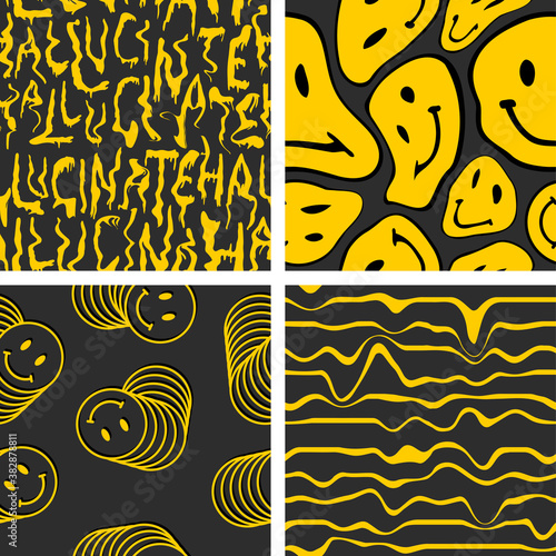 Collection of 4 vector trendy patterns with smileys. Hippie indi textures with happy trippy emoji. Psychedelic liquid backgrounds photo