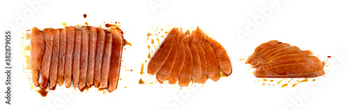 Thin Slices of Raw Salmon Fillet Isolated on White Background