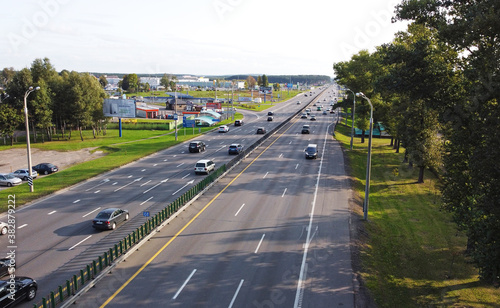 Top view of the highway in the city with cars. 01 October 2020, Minsk Belarus