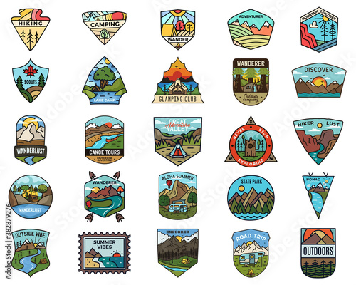 Camping adventure logos set. Vintage travel emblems. Hand drawn badges stickers designs bundle. Wanderlust, national park, scouts labels. Outdoor nature insignias. Logotypes collection. Stock vector.