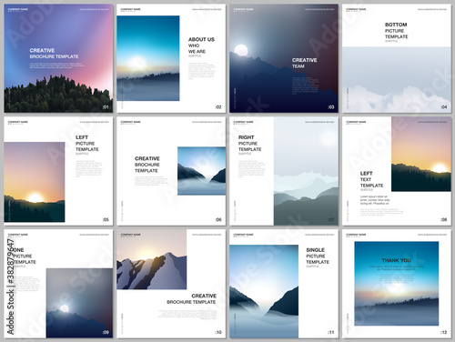 Brochure layout of square covers templates for square flyer leaflet, brochure design, presentation, magazine. Fog, sunrise in morning and sunset in evening. Nature landscape backgrounds with mountains