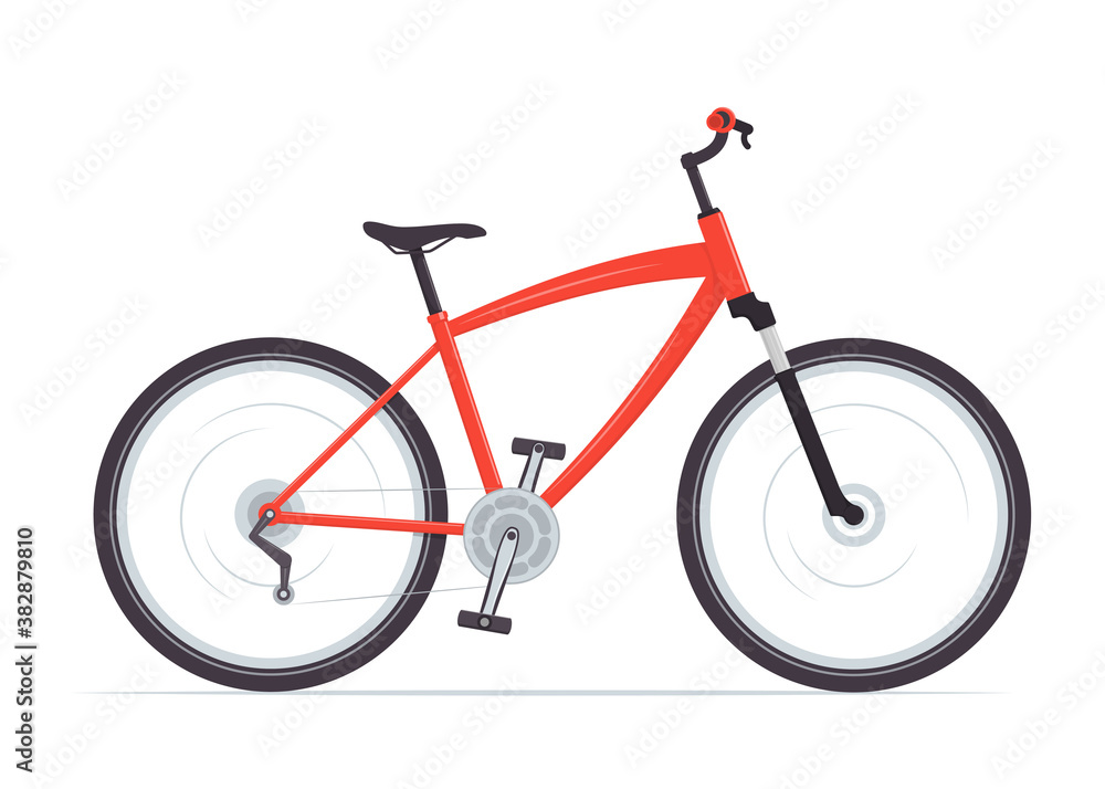 Modern city or mountain bike with V-brakes. Multi-speed red bicycle for adults. Vector flat illustration, isolated on white.