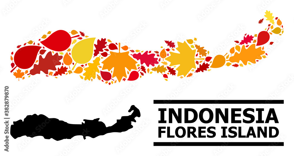 Mosaic autumn leaves and solid map of Indonesia - Flores Island. Vector map of Indonesia - Flores Island is done with scattered autumn maple and oak leaves. Abstract territorial plan in bright gold, Mosaic autumn leaves and solid map of Indonesia - Flores Island. Vector map of Indonesia - Flores Island is done with scattered autumn maple and oak leaves. Abstract territorial plan in bright gold,