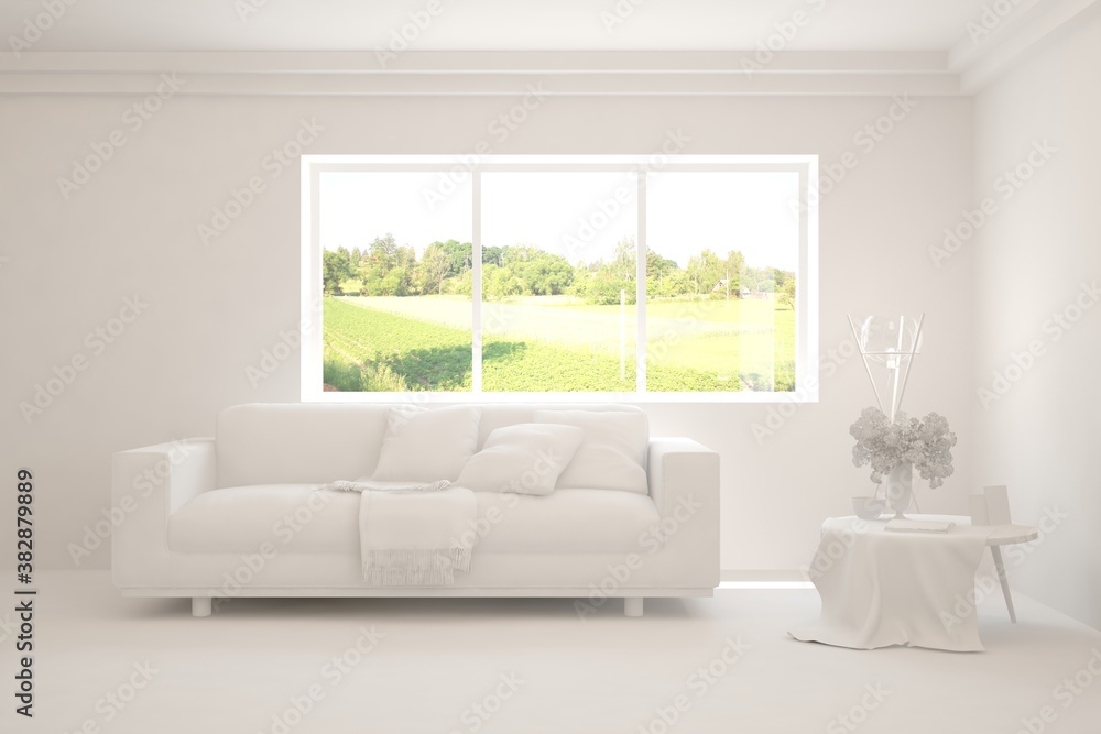 Fototapeta premium White living room with sofa and summer landscape in window. Scandinavian interior design. 3D illustration