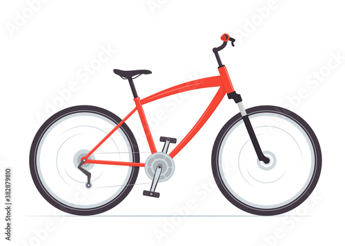 Modern city or mountain bike with V-brakes. Multi-speed red bicycle for adults. Vector flat illustration, isolated on white.
