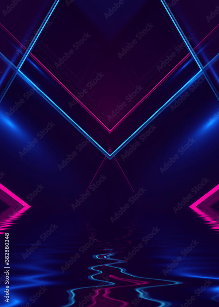 Abstract dark futuristic background. Ultraviolet neon light rays are reflected off the water. Background of empty stage show, beach party. 3d illustration - obrazy, fototapety, plakaty 