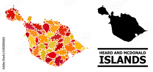 Mosaic autumn leaves and usual map of Heard and McDonald Islands. Vector map of Heard and McDonald Islands is formed with random autumn maple and oak leaves. Abstract geographic plan in bright gold,