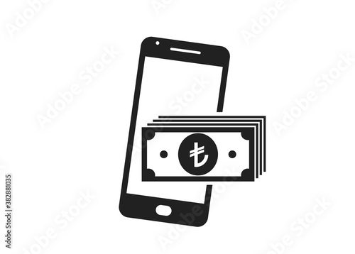 smartphone money icon. turkish lira banknote stack on mobile phone
