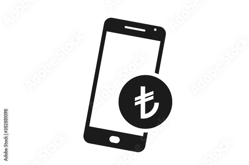 mobile phone money icon. turkish lira coin on smart phone. nfc and e payment, e wallet