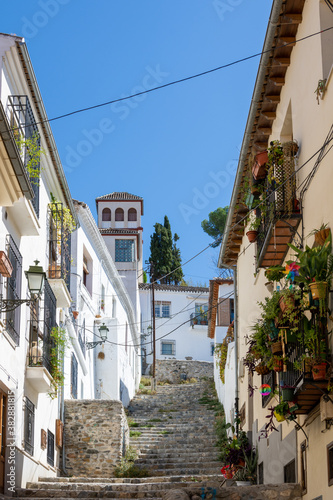 Cuesta de Abarqueros  typical narrow pedestrian street with steps in the Albaic  n neighborhood in Granada