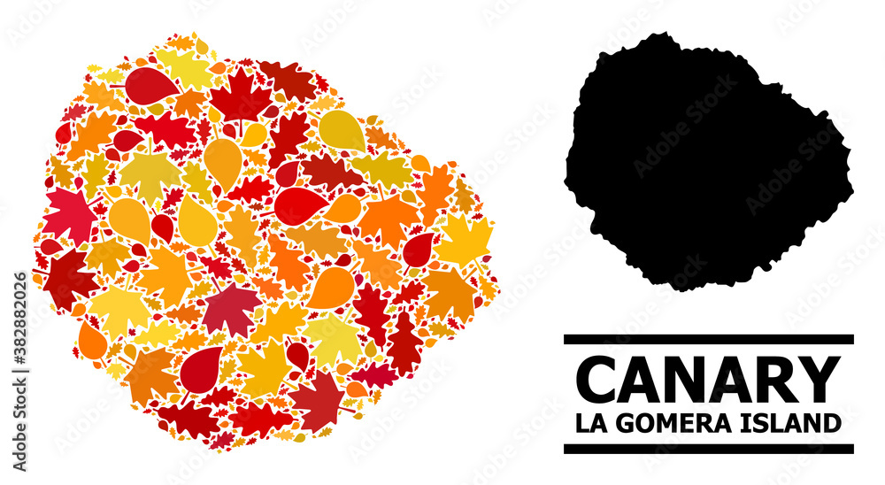 Mosaic autumn leaves and usual map of La Gomera Island. Vector map of La Gomera Island is designed with scattered autumn maple and oak leaves. Abstract territory plan in bright gold, red,