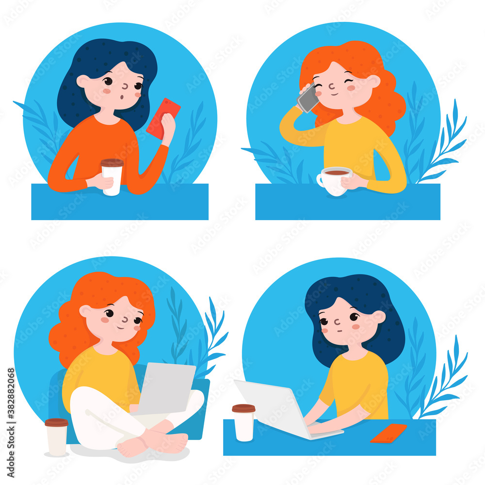 Set with girls working on a laptop and with a phone. Flat design. For online learning, web page design, social media technologies, and advertising. Colorful vector illustration. Set with girls working on a laptop and with a phone. Flat design. For online learning, web page design, social media technologies, and advertising. Colorful vector illustration.
