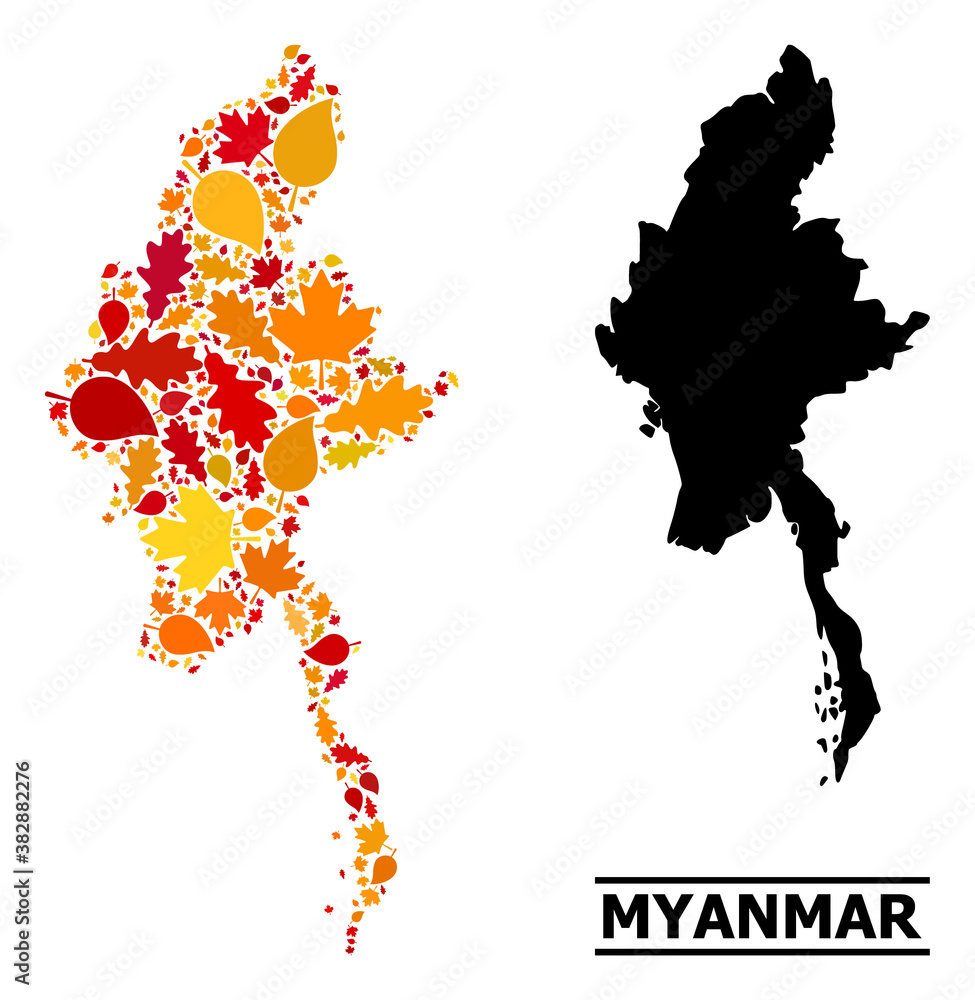 Mosaic autumn leaves and solid map of Myanmar. Vector map of Myanmar is composed of randomized autumn maple and oak leaves. Abstract territory scheme in bright gold, red,